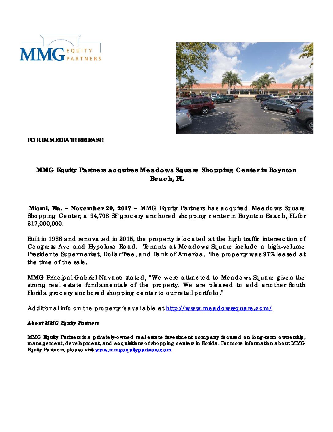 PR – MMG Acquires Meadows Square Shopping Center in Boytnon Beach for $17M