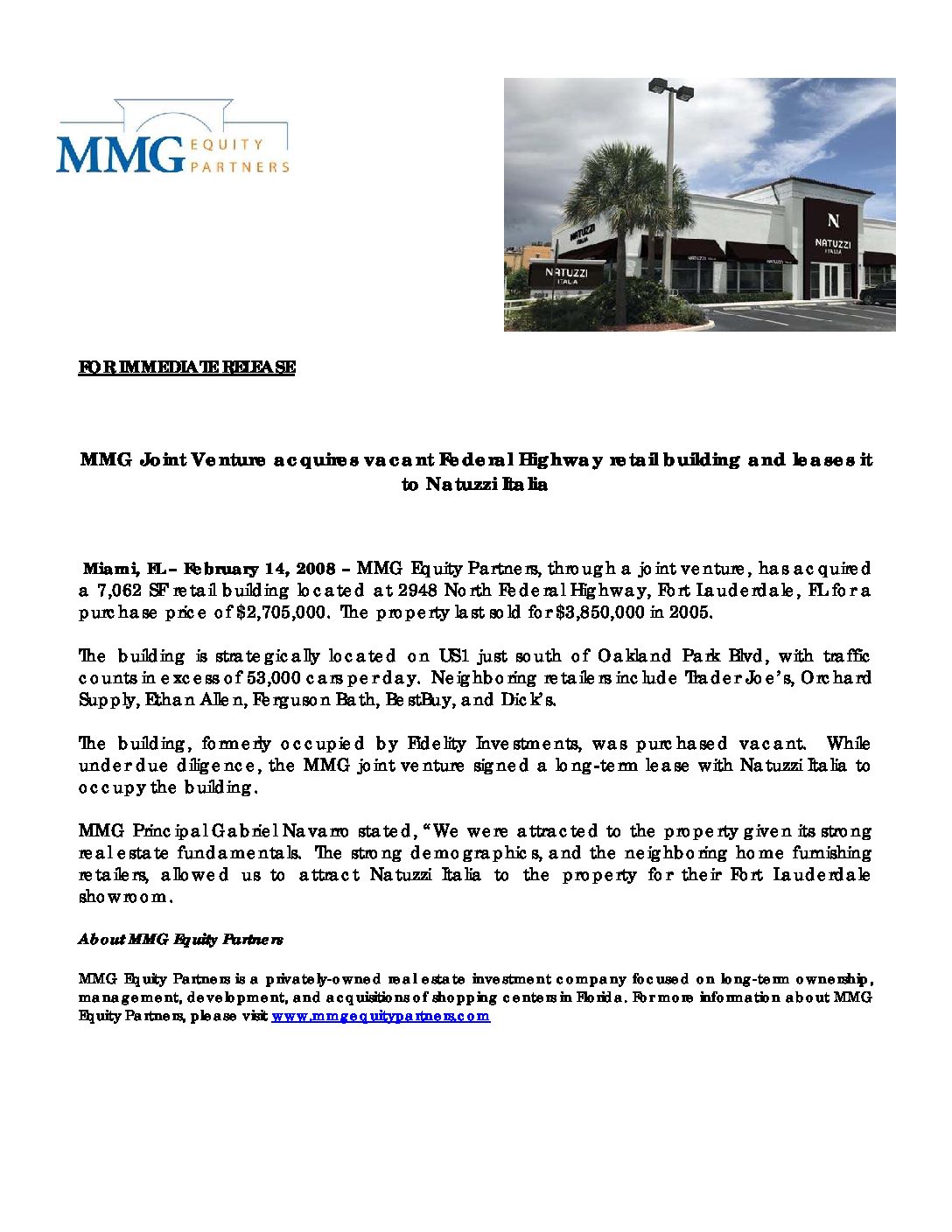 MMG Acquires FLL Retail Building and leases it to Natuzzi SpA