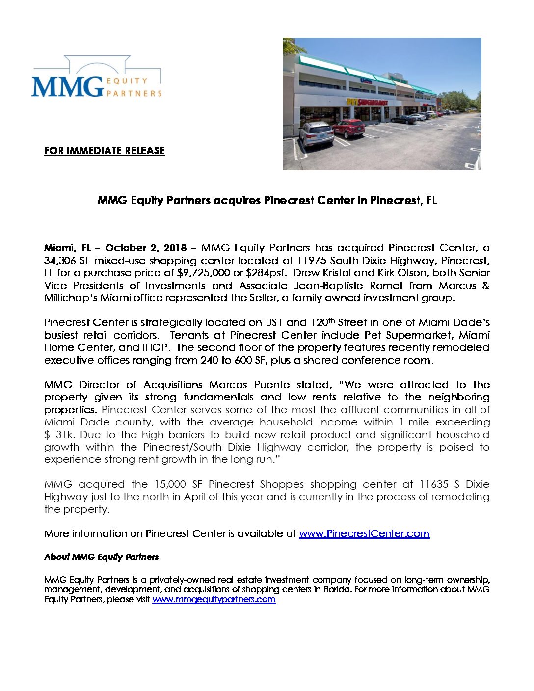 Press Release – MMG Acquires Pinecrest Center